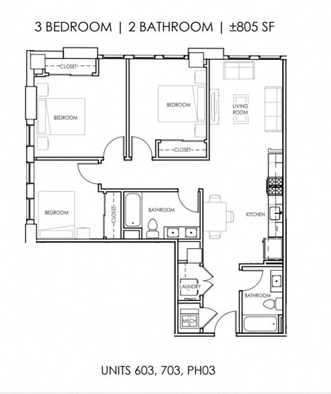 Floor plan for 3 beds, 2 baths, 805 sqft